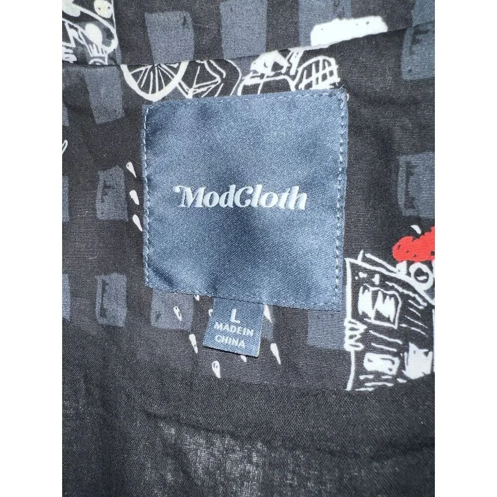 ModCloth Dress L Black Cotton Button Front Fit & Flare Novelty Print Belted - Picture 6 of 11